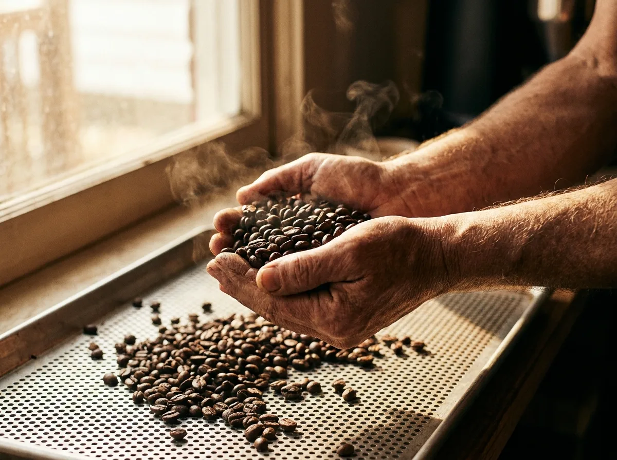 Roastmaster's hands holding freshly roasted coffee beans