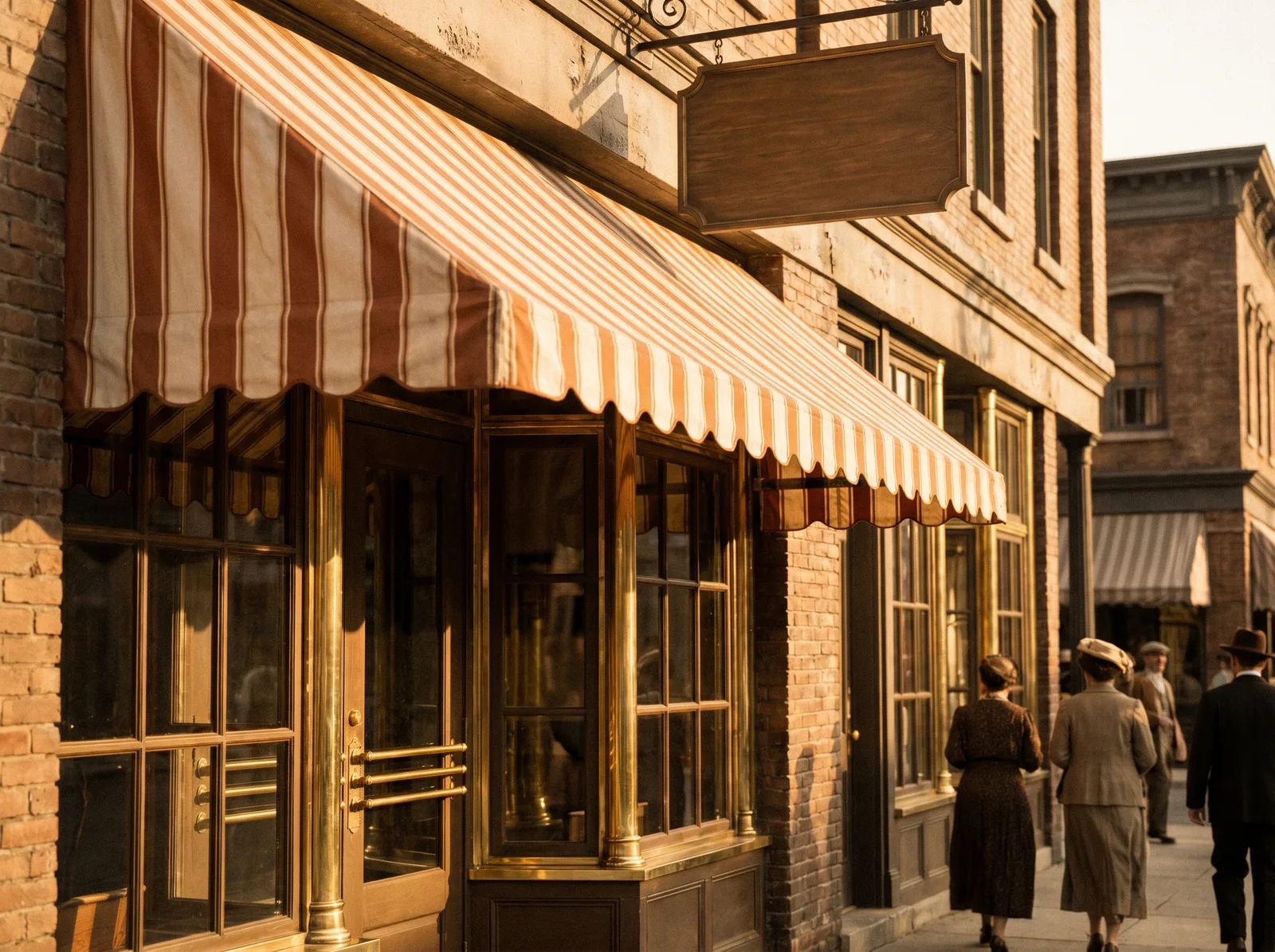 Historic early twentieth century coffee shop storefront with striped awning