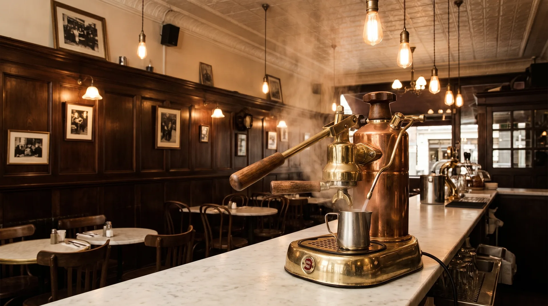 Vintage brass espresso machine at the coffee bar