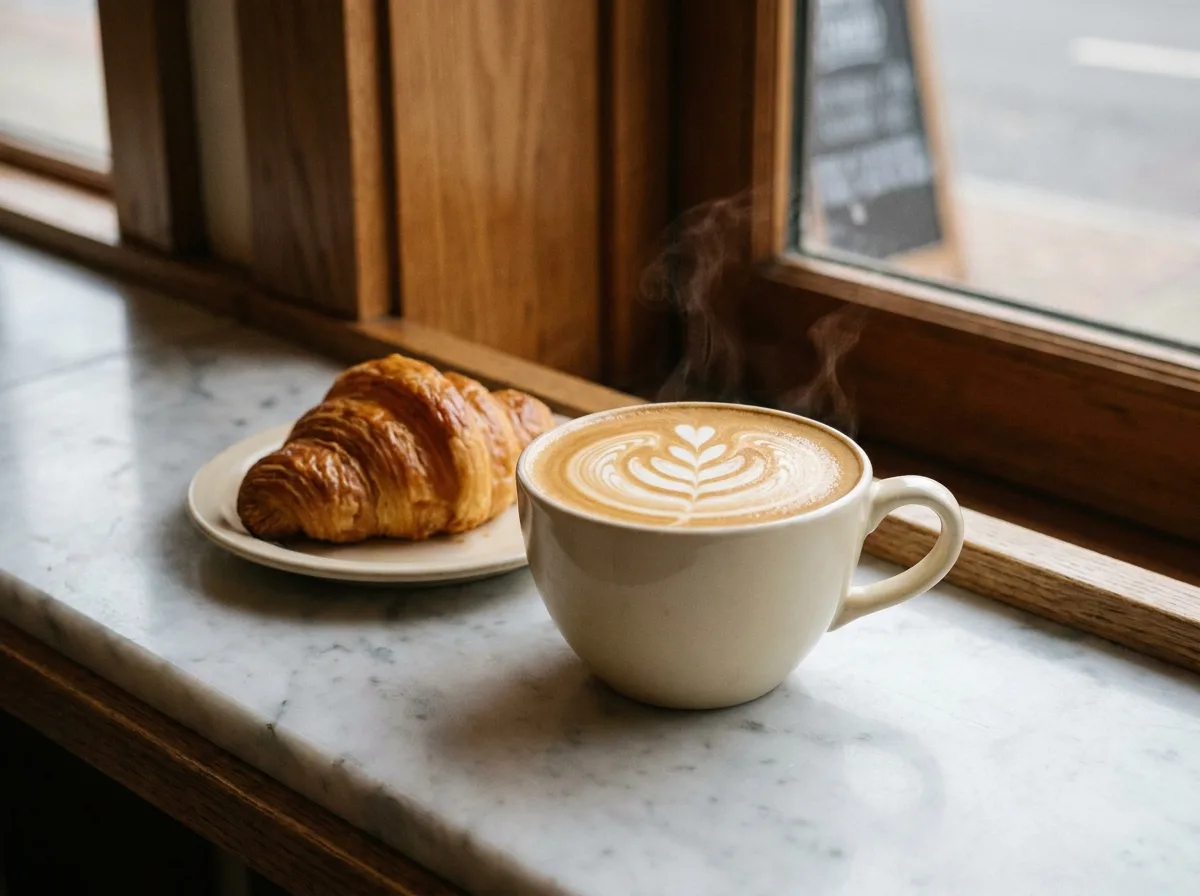 Latte with latte art beside a croissant on a marble counter