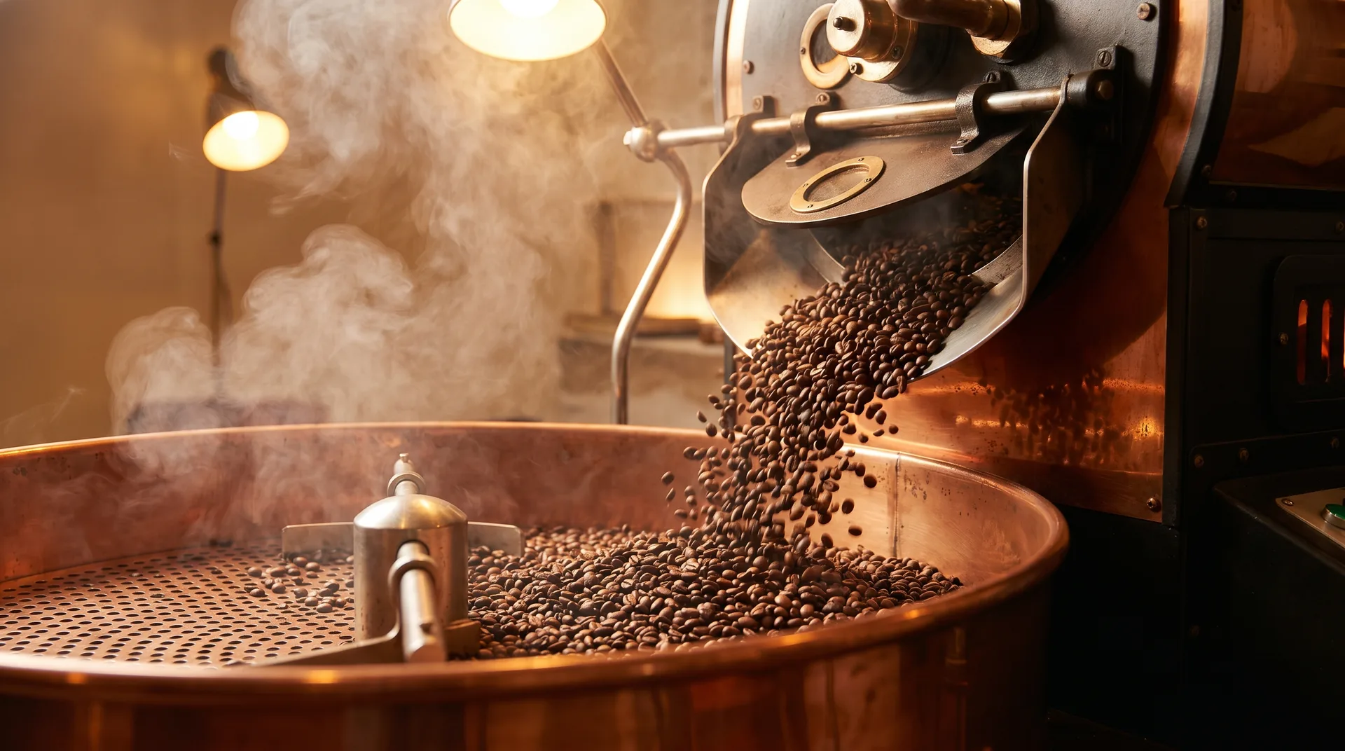 Freshly roasted coffee beans in a copper cooling tray