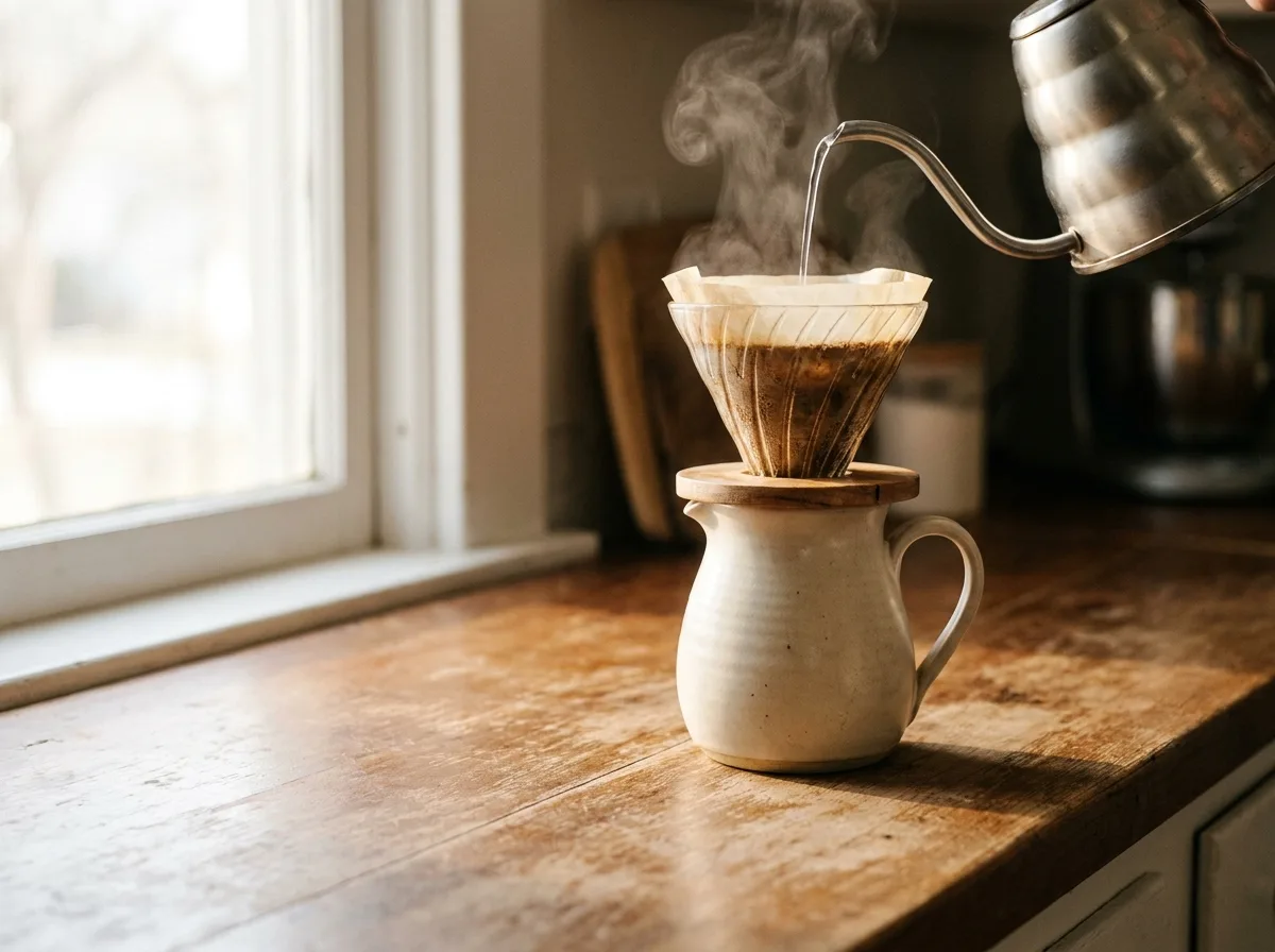 Pour-over coffee brewing into a cream ceramic carafe