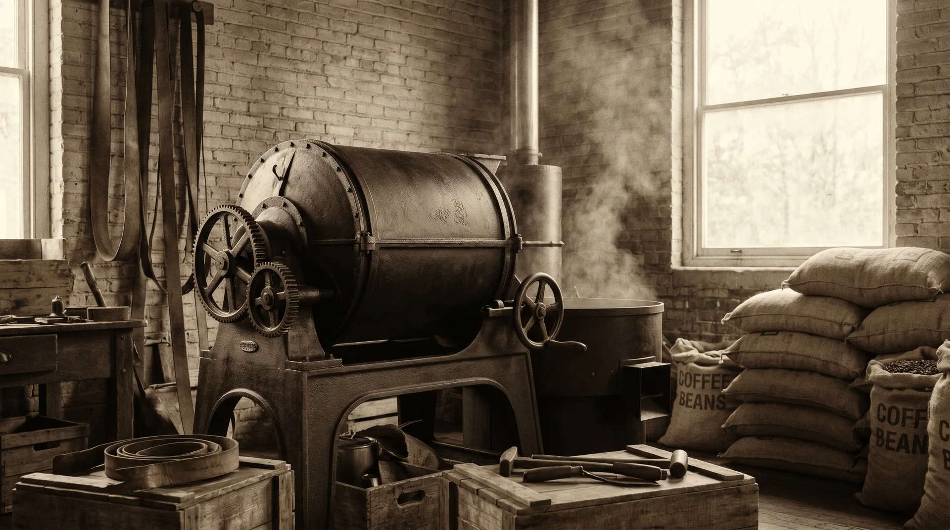 Vintage cast-iron coffee roasting drum with burlap sacks in a historic roastery