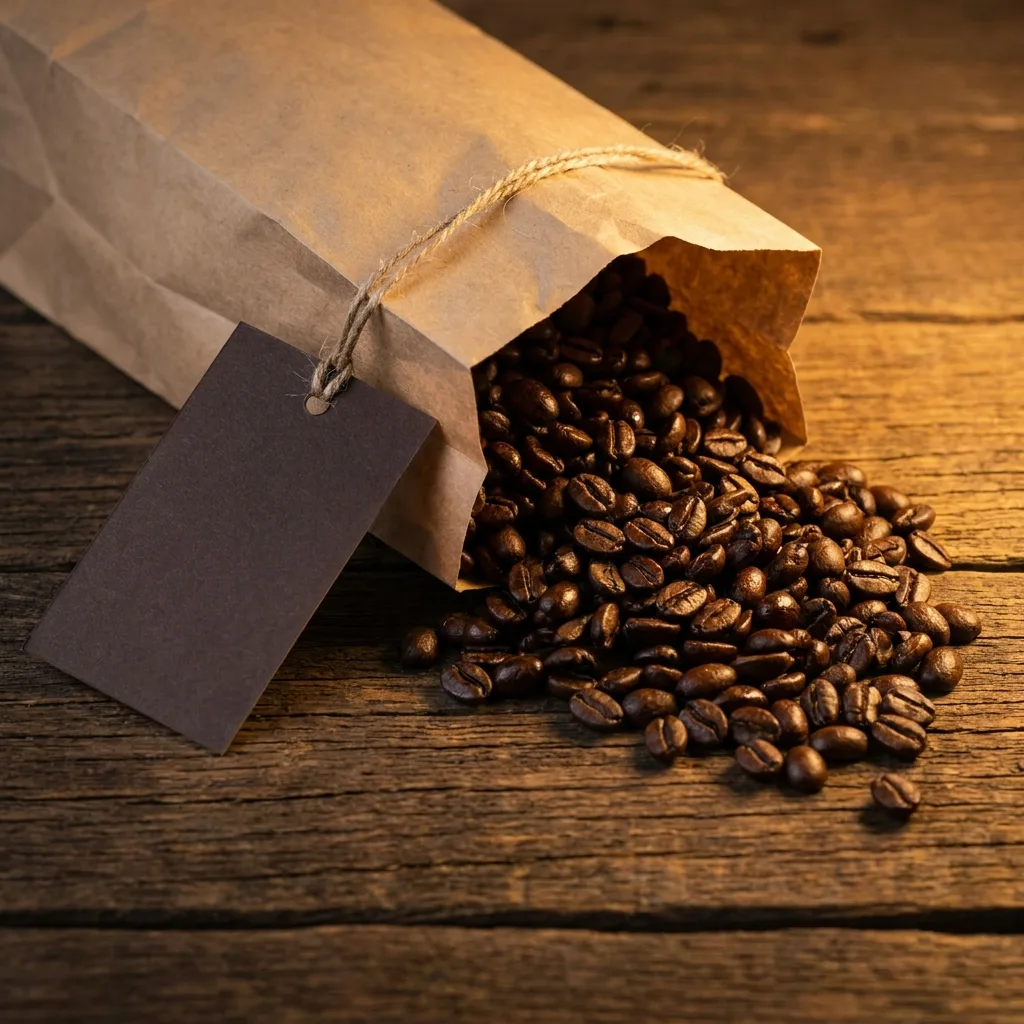 Dark roasted coffee beans spilling from a bag
