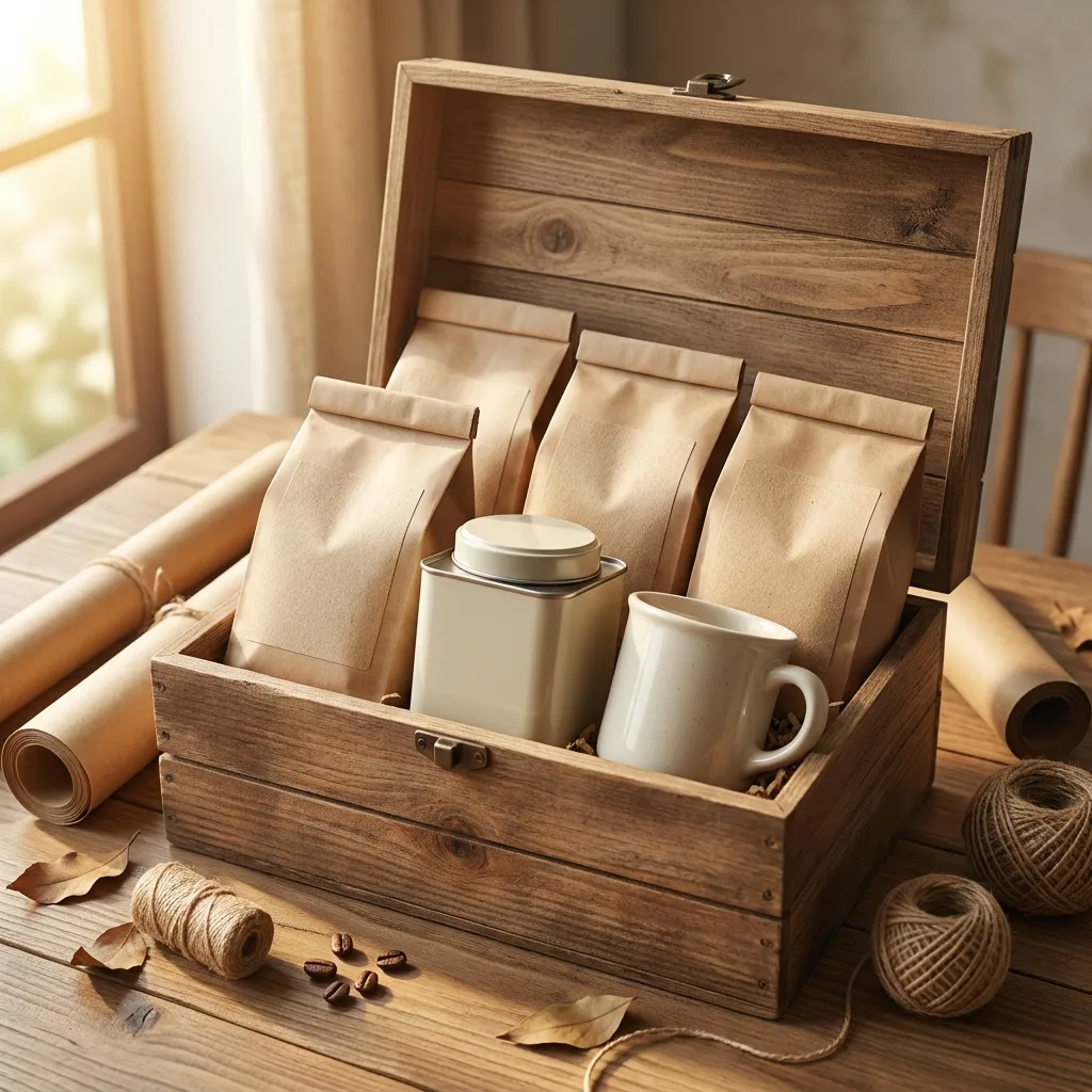 Wooden gift crate with coffee, tea tin and mug