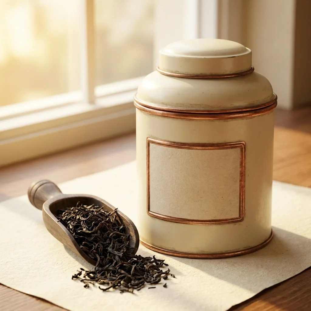 Vintage tea tin with loose leaf tea and wooden scoop