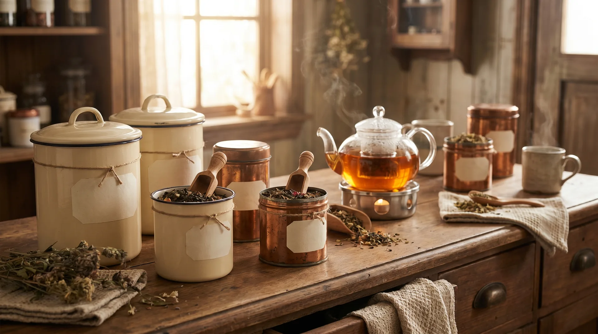 Loose leaf teas in vintage tins with a glass teapot